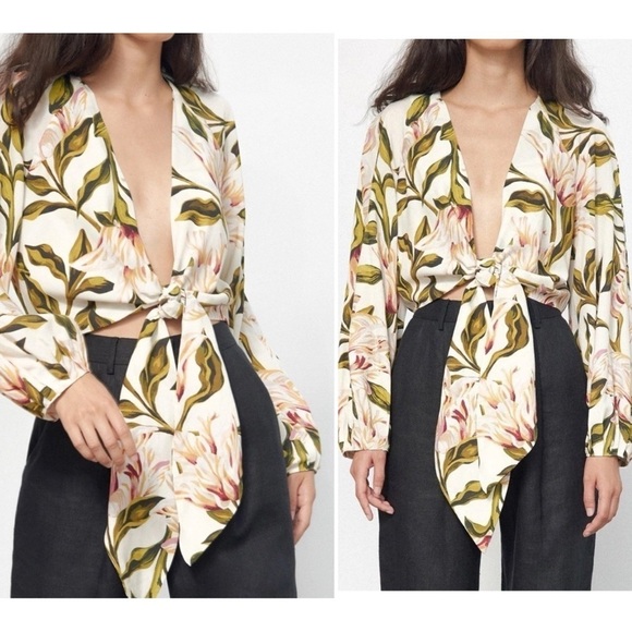 MARA HOFFMAN Gianna Tie Front Cropped Long Sleeve Floral Print Blouse Top Medium - Picture 2 of 8